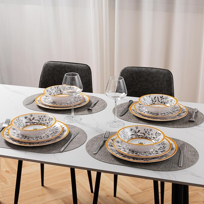 LEHAHA Honeycomb Bee Sweet 12-Piece Melamine Dinnerware Set,Melamine Dishes Set of 4, Lightweight and Unbreakable Garden Floral Dinner Plates and Side plates and All-purpose Bowls Set