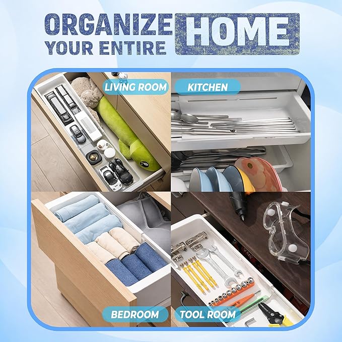 3-Pack Expandable Drawer Organizer for Deep Drawers, Adjustable Storage Tray (17–27 in), Durable PP Smooth Glide Divider for Kitchen, Vanity & Office, Space-Saving Design
