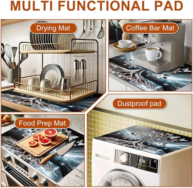 HOMETITUTE Tree Butterfly Stove Top Cover for Electric Stove Diatomite Dish Drying Mat Floral Embossed Kitchen Protector 28x20 Inch Heat Resistant Pad Coffee Station Mat
