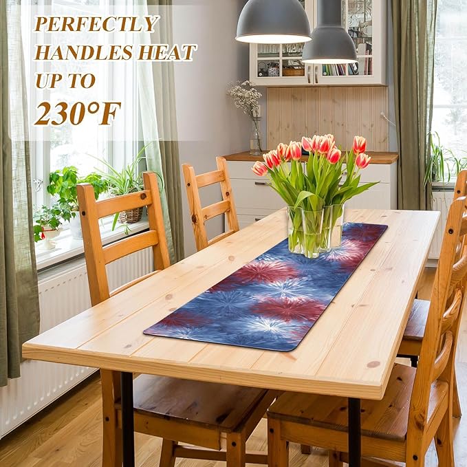 2 in 1 Table Runner Trivet for Hot Pots and Pans Heat Resistant Non Slip Waterproof 39 x 12 Inch Decorative Table Protector for Kitchen Countertop Retro Tie Dye Fireworks