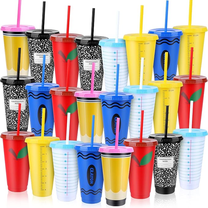 Kochorie 24 Pcs Teacher Appreciation Gifts Cups 24 Oz Reusable Tumblers | with Lids & Straws Back to School Thanks to Teacher Plastic Cups for Valentines Teachers Gifts Christmas Party Supplies