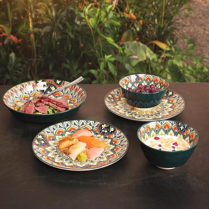 YA JU Mandala Dinnerware Sets (12 Pcs) Serves 4, Buffet Dinnerware, Boho Plates and Bowls Dish Set with 8" Deep Plate 10" dinner Plate 4.8" bowl, apply Casual dining Indoor Outdoor Dining Party