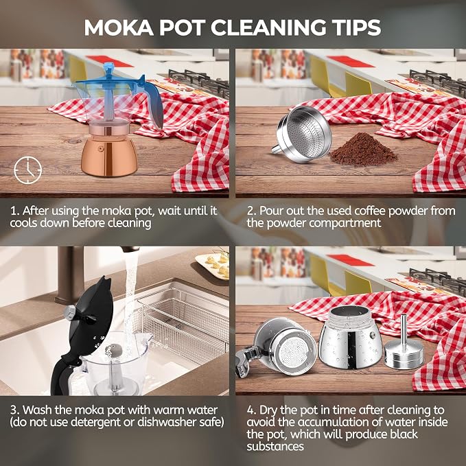 Clear Plastic Moka Pot 4 Cup 200ml Stainless Steel Coffee Maker Uncoated Stovetop Espresso Coffeemaker Italian Classic Style Brewing Greca Cafe Mocha for Cafeteras Camping Travel Home Use