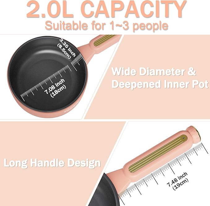 TOPWIT Hot Pot Electric, 𝟐𝐋 Electric Pot, Portable Non-Stick Portable Cooker, Sauté Pan for Steak, Egg, Fried Rice, Ramen, Soup with Dual Power Control (Silicone Spatula Included), Peach