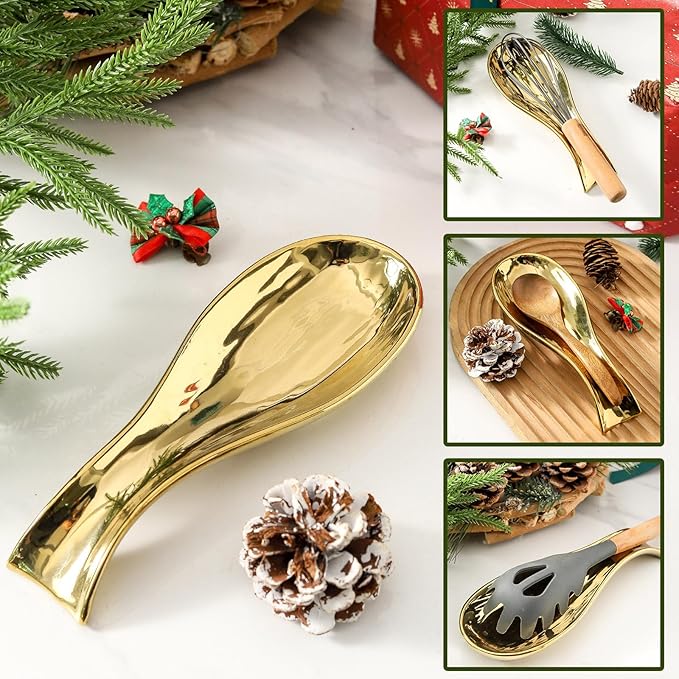Ceramic Spoon Rest for Stove Top, Large 8.7 Inch Spoon Holder for Kitchen Counter, Porcelain Utensil Rest for Ladle, Spatula, Tongs, Housewarming Gift, Dishwasher Safe and Heat-Resistant, Gold(1 PC)