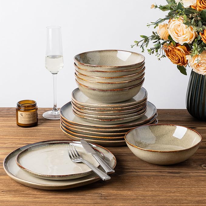 GBHOME Stoneware Dinnerware Sets for 6,18 Pieces Rustic Earthenware Plates and Bowls Set, Handmade Reactive Glaze Ceramic Plate Sets, Chip Resistant Dishes, Microwave & Dishwasher Safe,Driftwood Taupe
