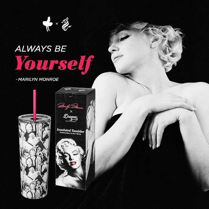Dragon Glassware x Marilyn Monroe Tumbler with Straw & Lid, 24 oz | Vacuum Insulated Stainless Steel Tumbler with Straw & Lid; Double Walled Tumbler with Straw Charm; Marilyn Monroe Cup
