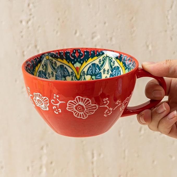 Boho Coffee Mug Set of 4 with Coffee Spoon, Ceramic Large Cups 15 oz/ 450ml, Porcelain Cups for Latte, Tea, Cappuccino, Cocoa, Soup, Dishwasher Microwave Safe, Gift Set Bohemian Style