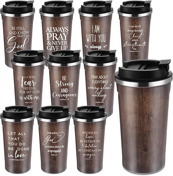 Meanplan 10 Set Christian Fathers Day Church Gifts Bible Verse Tumbler Bulk 17oz Coffee Cup Religious Jesus Tumbler Inspirational Mug for Men Women Teacher (Wood Grain, Bible Theme)