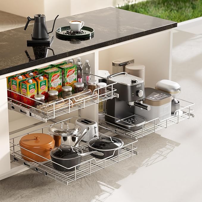 2 Tier Pull Out Cabinet Organizer 18" W X 22" D, Slide Out Drawers For Kitchen Cabinets, Pull Out Drawers For Cabinets Capacity Heavy Duty Caddy, Cabinet Pullout Shelves Chrome-Plated,Bathroom Pantry
