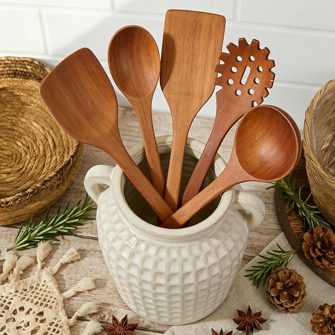 Rustic Kitchen Utensil Holder with Handle, 6.5" Ceramic Farmhouse Stable Utensil Crock for Countertop, Vintage Cooking Tool Organizer & Spatula Holder For Kitchen Decor (White)