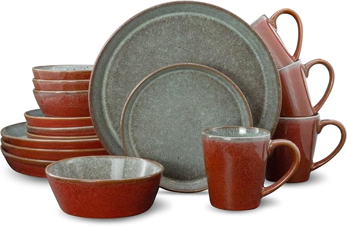 Mimola Stoneware Dinnerware Sets Service for 4, 16 pcs Reactive Glaze Plates and Bowls Sets, Handmade Ceramic Dish Set, Highly Chip and Crack Resistant Modern Plate Set (china red)