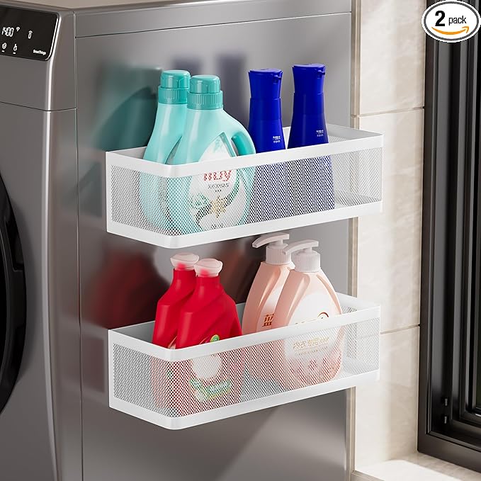 2 Pack Magnetic Shelves for Washing Machine, White Metal Magnetic Storage Baskets, Space-Saving Strong Hold Organizer for Laundry Room, Refrigerator, Bathroom, Kitchen, Pantry, Utility Room