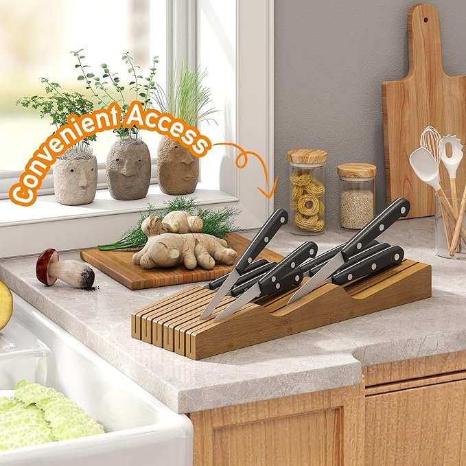 In-Drawer Knife Block Organizer - Bamboo Wood Drawer Knife Organizer-Protecting Knife Organizer Block (Not Included) (Brown, 11 Knives Dock)