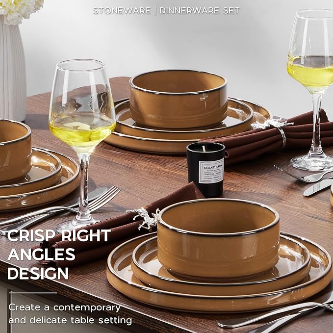 Onader Stoneware Dinnerware Sets for 4, Plates and Bowls with Unglazed Terracotta Bottom, Elegant Kitchen Ceramic Dish Dishware Set, Reactive Glaze 12 Piece - Earthy Umber