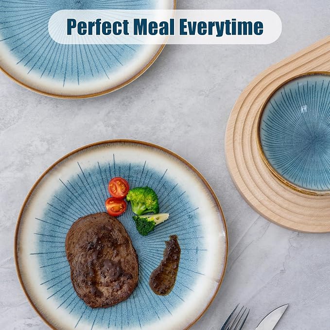 Blue Stoneware Dinnerware Set, 12 Pieces, Blue Stripe Marble, Dishwasher & Microwave Safe