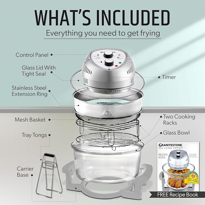Granitestone 16Qt Large Glass Air Fryer Non Toxic – Family Sized Airfyrer Cooker with 3 Cooking Sections, Stainless Steel Racks, for French Fries, Chicken, No Preheat, Self Cleaning, Dishwasher Safe
