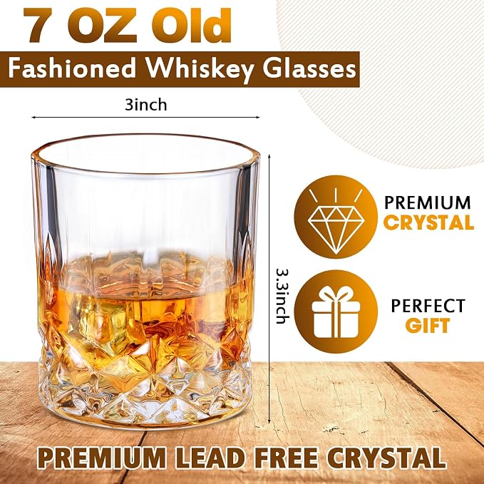 Yaomiao 24 Pcs 7 Oz Whiskey Glasses Set Old Fashioned Glasses Base Rocks Cups for Vodka Tequila Bourbon Whiskey Cocktails Scotch Liquor, Dishwasher Safe Christmas Holiday Men Women Gift