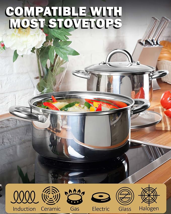 Cook N Home Kitchen Cookware Sets, 12-Piece Basic Stainless Steel Pots and Pans, Silver | Stay-Cool Handle, Induction Compatible, Dishwasher and Oven Safe