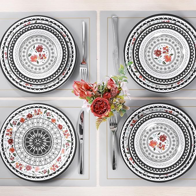 12-Piece Melamine Dinnerware Sets, Unbreakable Dinner Dishes Set for Indoor and Outdoor Use, Dishwasher Safe, Lightweight Dinner Service for 4, Black and White