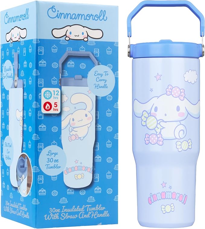 Get Trend Hello Kitty Cinnamoroll 30oz Tumbler with Handle and Straw, Kids Stainless Steel Insulated Water Bottle, BPA-Free, Leak-Proof, Cold for 12h, Hot 5h, Kawaii Gifts for Girls (Blue Cinnamoroll)