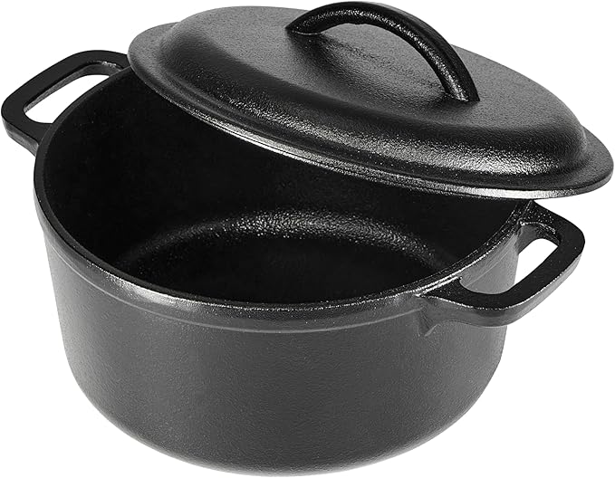 Amazon Basics Round Pre-Seasoned Cast Iron Mini Dutch Oven Pot with Lid and Dual Handles, 2-Quart, Black