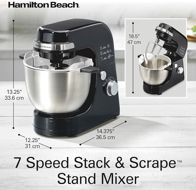 Hamilton Beach 4 Quart Electric Stand Mixer With 7 Speeds | Planetary Mixing For Full Bowl Coverage | Bowl Scraper | Splash Guard | 300 Watts | Whisk, Flat Beater, Dough Hook | Black