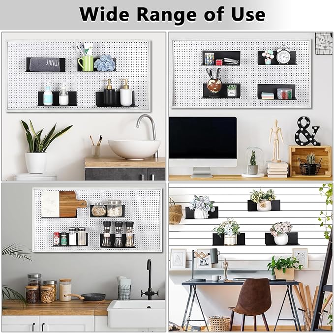Kokone 6 Pack Magnetic Pegboard Shelves for Storing or Displaying, 10x4.3 Inch Flat Display Shelves for Pegboard, Wall Pegboard Shelves Accessories Steel Tray for Garage Workshop Craft Room Organizer