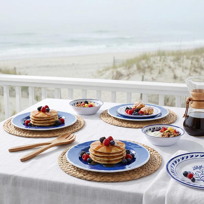 Blue Melamine Dinnerware Sets,12-Piece Plates and Bowls Set for 4,Coastal Farmhouse Style Dish Sets,Chip Resistant & Dishwasher Safe,Dark Indigo Vintage Pattern for Outdoor Patio Everyday Use