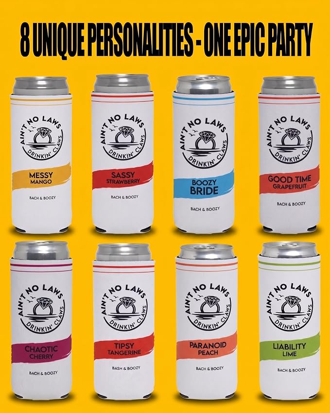Funky Junque Bachelorette Party Favors Slim Can Cooler, Funny Bridesmaid & Bride Gifts for Girls Trip, Bridal Shower Decorations & Accessories, 12 oz Skinny Can Covers - Ain't No Laws - 8 Pack