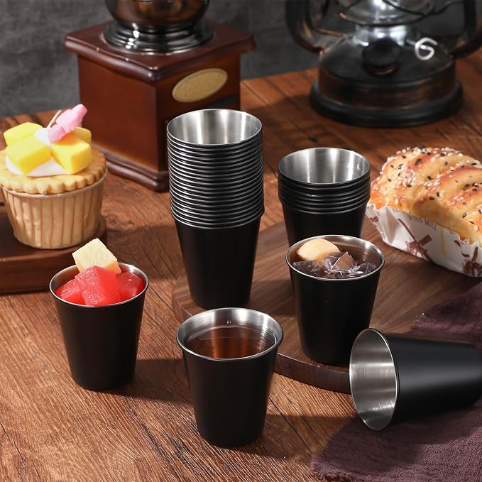 Lallisa 2 oz Stainless Steel Shot Glasses Metal Cups Small Unbreakable Shot Glass for Espresso Whiskey Bar Home Restaurant Camping Barware Gift (Black,200 Pcs)