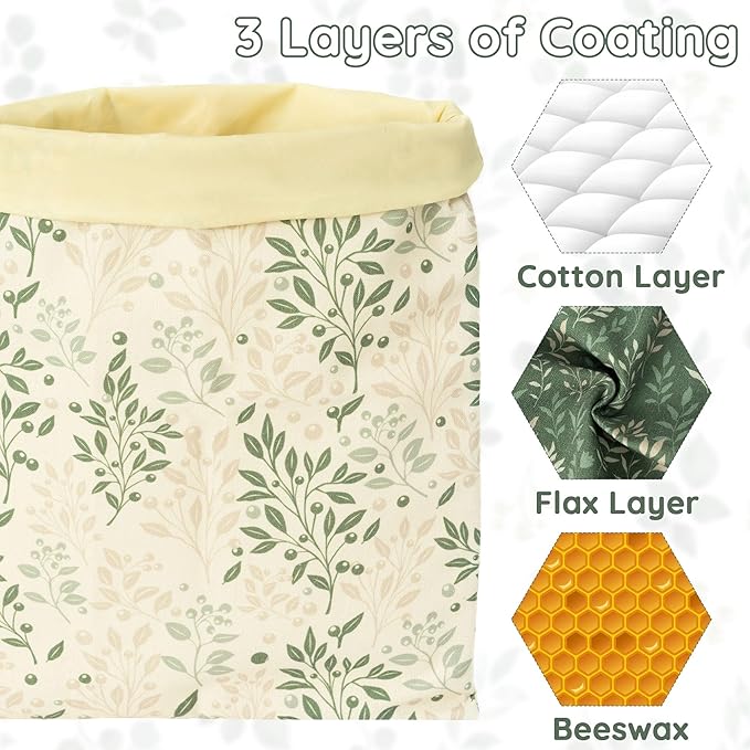 Reusable Beeswax Bread Bags - 2 Pack Bees Wax Food Bag, Homemade Sourdough Bread Storage, 2-in-1 Linen Cotton Large Freezer Container Home Baking Accessories with Lining (Green Leaf)
