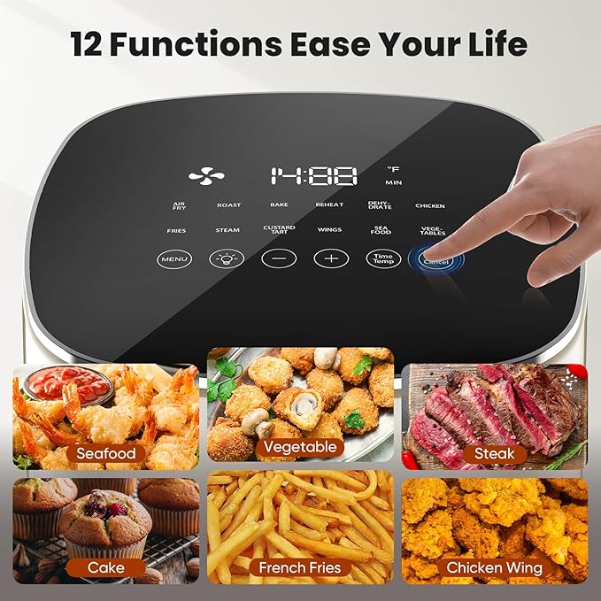 OLIXIS 12-in-1 Air Fryer 6.34 Quarts, Visable Airfryer with Window, 400°F, Roast, Reheat, Dehydrate, Bake, Steam, Fries, Custard, Chicken, Wings, Sea Food, Vegetabels, Grey