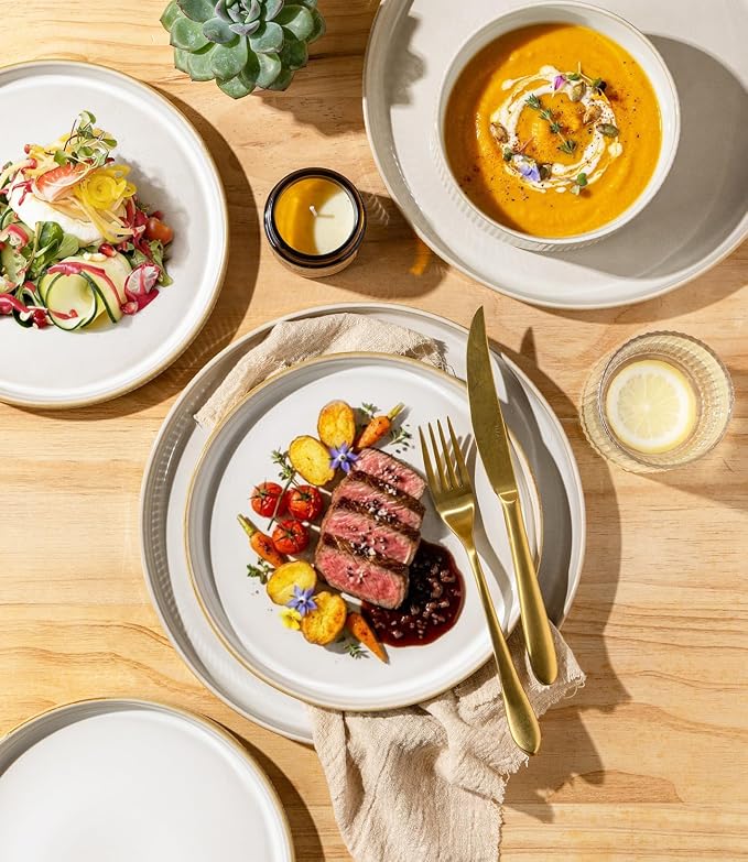 GBHOME Stoneware Dinnerware Sets for 4, 12 Pieces Lightweight Ceramic Ribbed Plates and Bowls Set,Reactive Glaze Stackable Plate Sets,Scratch Resistant Dishes,Microwave & Dishwasher Safe,Vanilla Latte