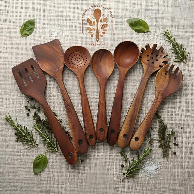 Wooden Utensil Set 9 PCS Hand-Crafted, Heat-Resistant, Non-Scratch & Easy-to-Clean Natural Teak Wooden Kitchen Tools with Spatula, Slotted Spatula, Spoons, Ladle, Pasta Server, Salad Fork, Holder Set