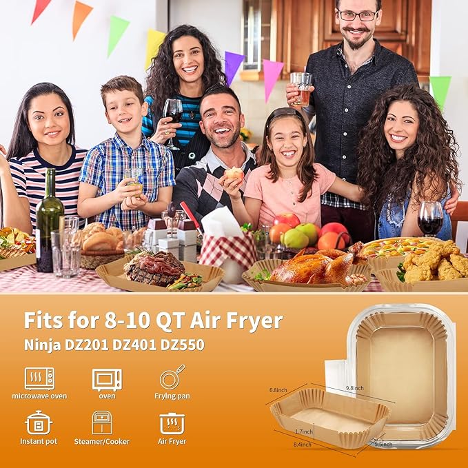 100Pcs Air Fryer Disposable Liners+ 2Pcs Silicone Liners Sets for Ninja DZ201 SL201 DZ090 6-8Qt, Rectangular Air Fryer Inserts Accessories for Chefman/Instant Dual Basket, Parchment Paper Liners+Red