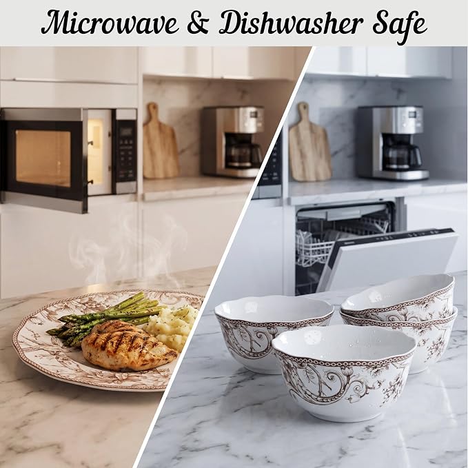 222 Fifth Adelaide Brown on White 12-Piece Dinnerware Set – Service for 4, Big Dinner Plates and Bowls Sets,Durable Porcelain, Microwave and Dishwasher Safe, for Everyday Dining & Entertainment