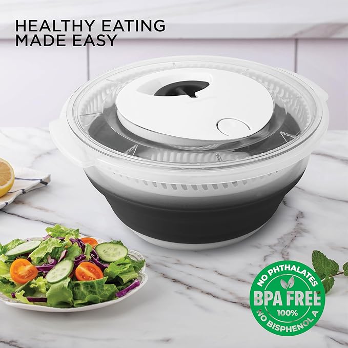 COOK WITH COLOR Collapsible Salad Spinner - 4 QT Space Saving Lettuce Dryer with Folding Collapsible Colander Great for Washing and Drying Fruit and Vegetables (Black)