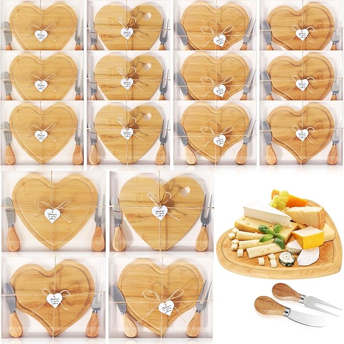 Nuogo 16 Set Wedding Bridal Shower Cheese Board Party Favors Wooden Mini Charcuterie Boards and Knives Set with Thank You Tags Bamboo Board Gifts for Guests Valentine Bridal Birthday Party(Heart)