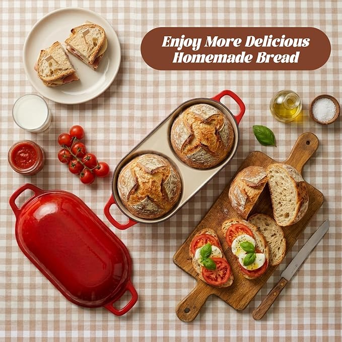 Double Dutch Oven for Bread Baking, Ideal for Family Daily Baking | Enameled Cast Iron Bread Pan with Lid, 2-Slot Mini Loaf Design (16.5cm Each) for Homemade Artisan Bread, Easy to Clean