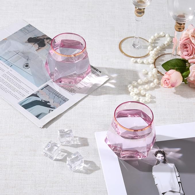 Goodluck 40 PCS Diamond Stemless Plastic Pink Wine Whiskey Glasses, 12 Oz Disposable Cocktail Glasses, Suitable for Weddings, Birthday Parties, Family Gatherings, Bars, etc (Rose Gold rimmed cups)