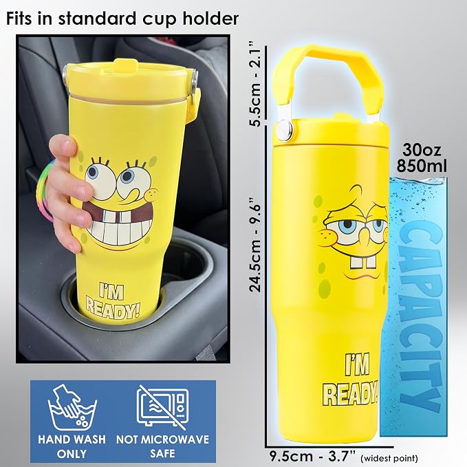 Get Trend SpongeBob SquarePants 30oz Tumbler with Handle and Straw, Kids Stainless Steel Insulated Water Bottle, BPA-Free, Leak-Proof, Cold for 12h, Hot 5h, Gifts for Boys Girls (Yellow SpongeBob)