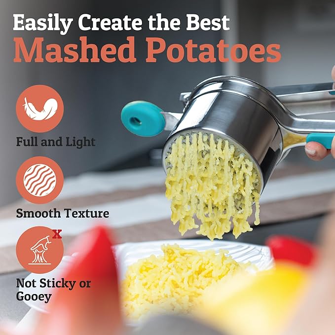 PriorityChef Large 15oz Potato Ricer With 3 Discs, Heavy Duty Stainless Steel Potato Ricer for Mashed Potatoes, Potato Masher, Press and Ricer Kitchen Tool, Turquoise