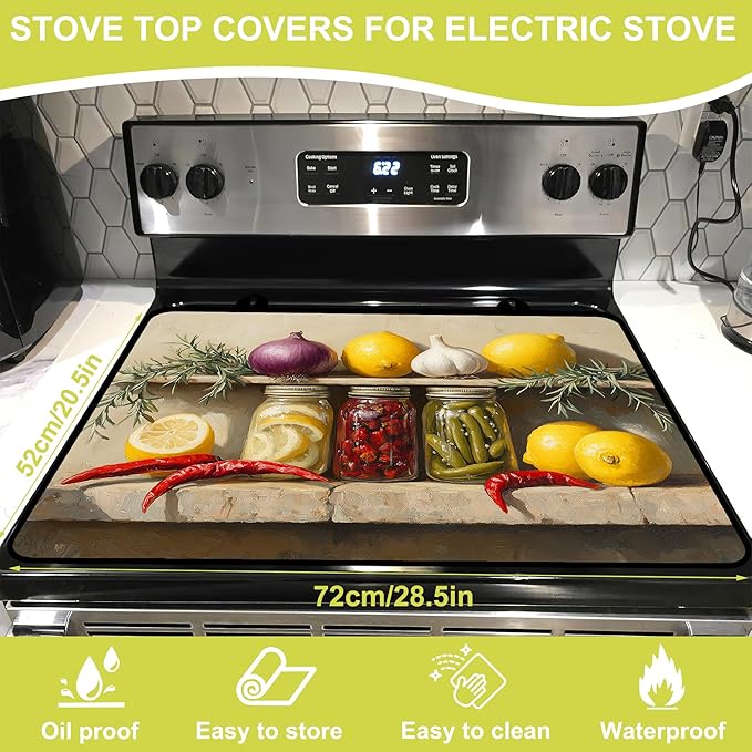 Glass Stove top Cover 28"x 20", Stove Top Covers for Electric Stove, Flat Range Mat for Glass Cooktop, Kitchen Heat-Resistant Protector Non-Slip Drying Mat (Foods Oil Painting)
