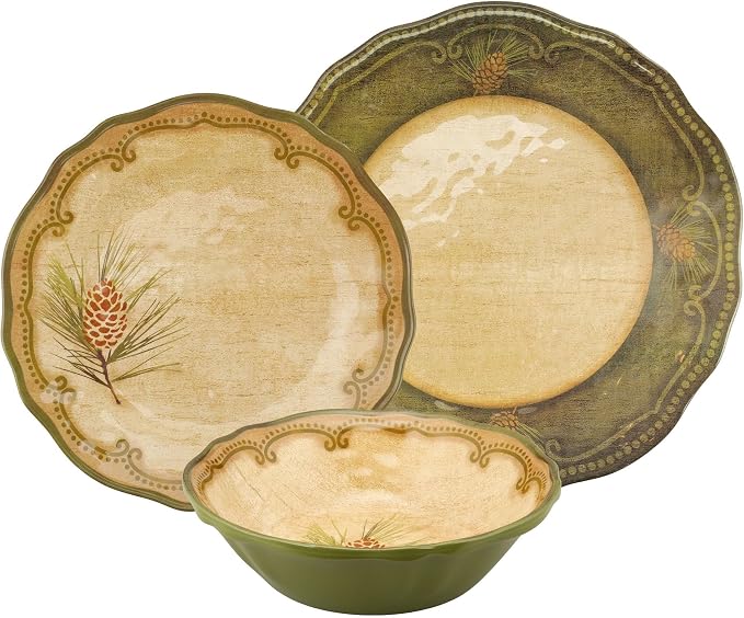 UPware 12 Piece Woodland Pinecone Melamine Dinnerware Sets, Outdoor Dishes Set, Plates and Bowls Sets, Service for 4, Dark Green