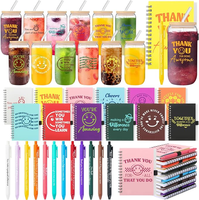 Skylety 12 Set Back to School Teacher Gifts in Bulk Thank You for Being Awesome Gifts 16 oz Glass Cups with Lids Straws Spiral Notebooks Sticky Note Pens for Employee Nurses Team Office Staff Coworker