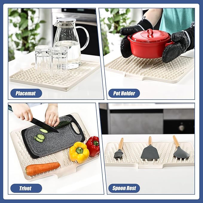 Silicone Dish Drying Mat for Kitchen Counter, Heat-resistant Dish Dryer Mat with Built-in Drain Lip ,Drain Pad Protects Surfaces Prevents Water Build UP (23.6" x 15.7", Ivory-1pcs)