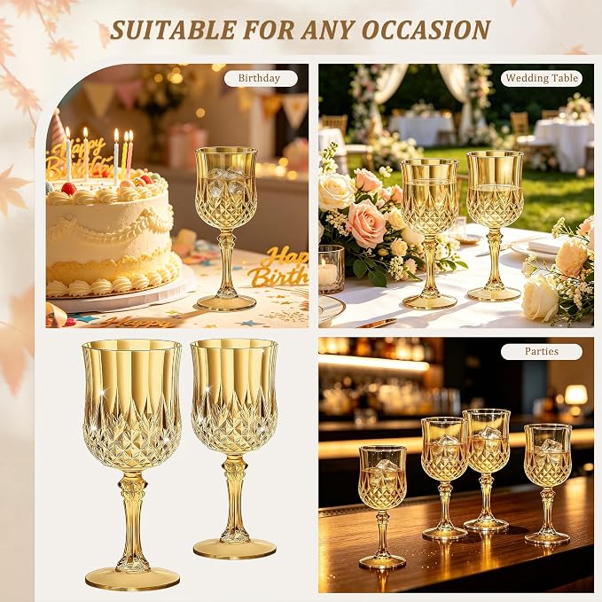 7OZ Plastic Wine Glasses, Reusable Vintage Goblets Unbreakable Drinking Glasses Crystal Water Cups Champagne for Wedding, Parties (100, Gold)