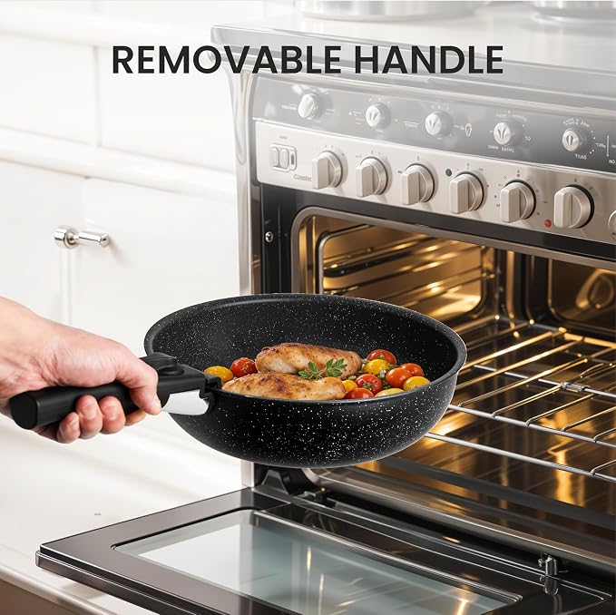 HealSmart 12 Pcs Cookware Set, Granite Non Stick Pots & Pans with Removable Handles, High Heat Resistant Oven Safe Cooking Kit, PFAS & PFOA Free Kitchen Cooking Ware, Black
