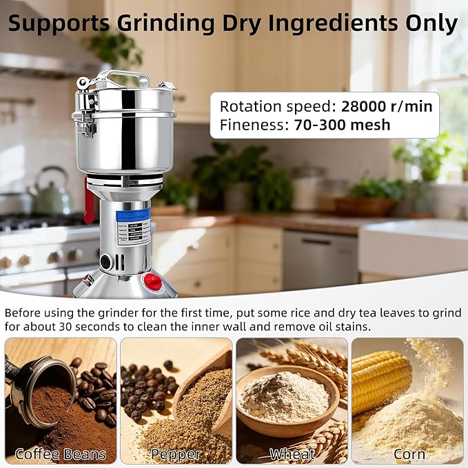 750g Grain Mill Grinder, 2000W High Speed Wheat Grinder for Making Flour, Stainless Steel Countertop Grain Mill Flour Suitable for Coffee Beans, Pepper, Dry Spice